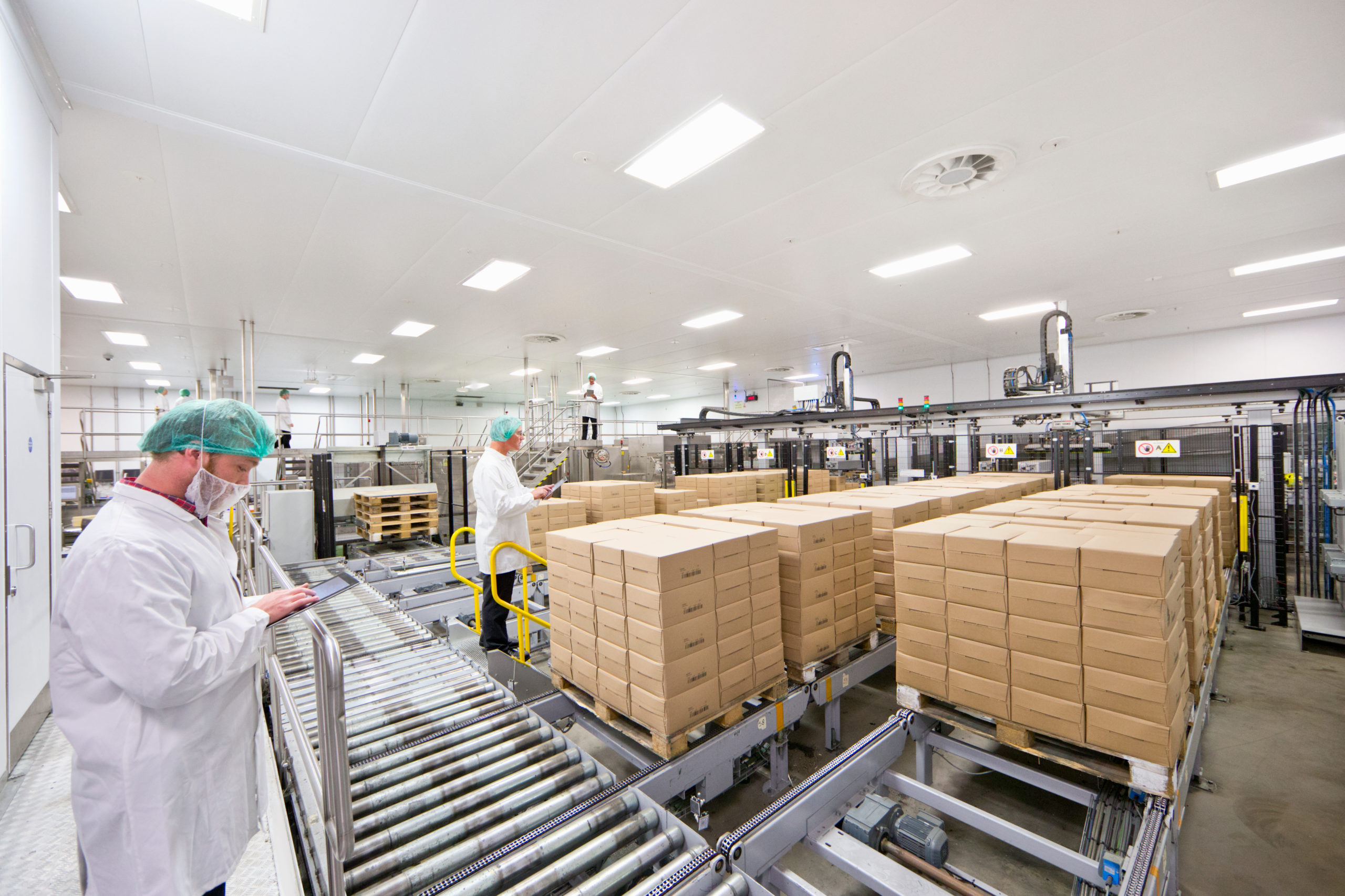 Rows of closed boxes sit on conveyor belts as worker types something on a tablet.