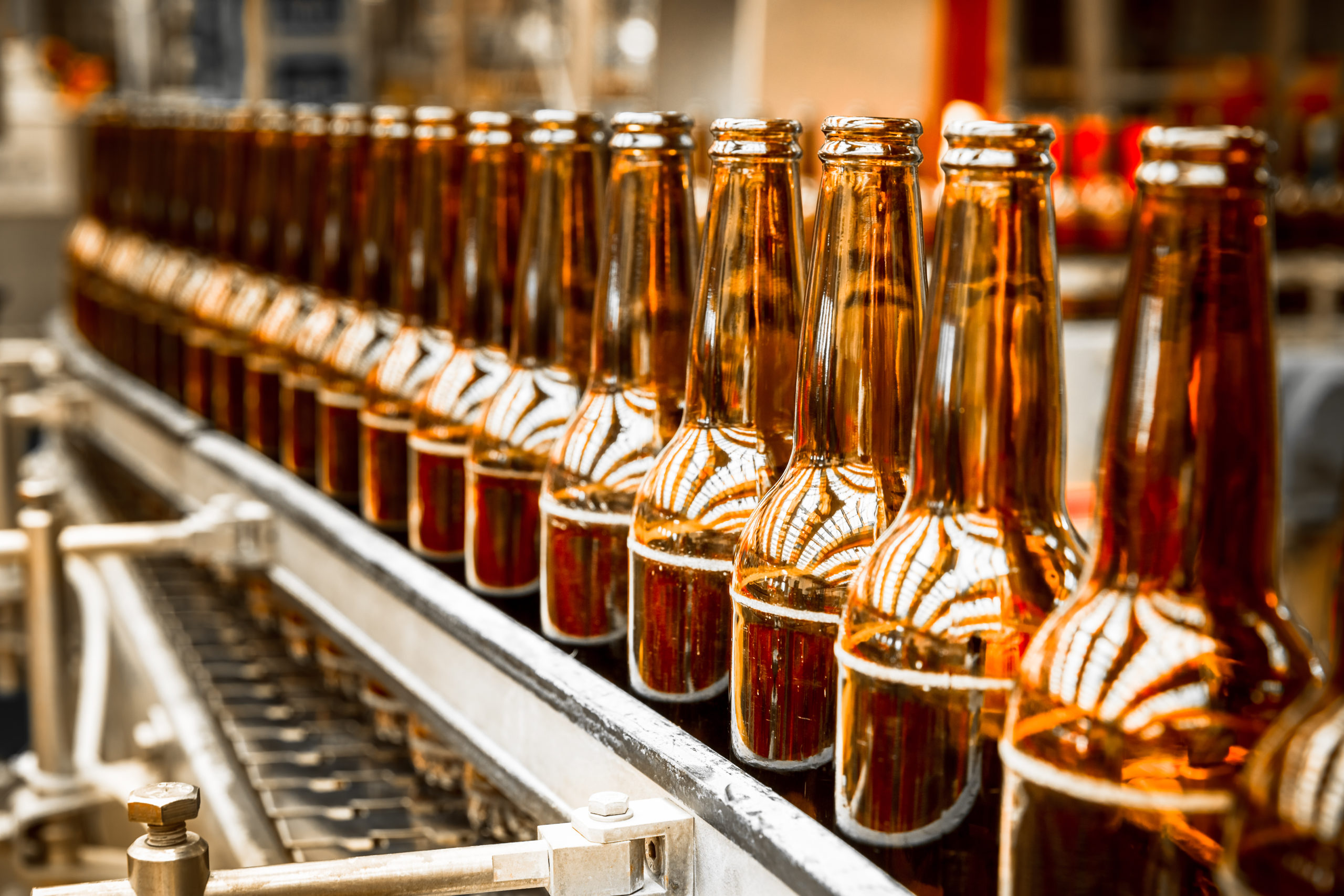 Empty brown beer bottles lined up on a conveyor belt.