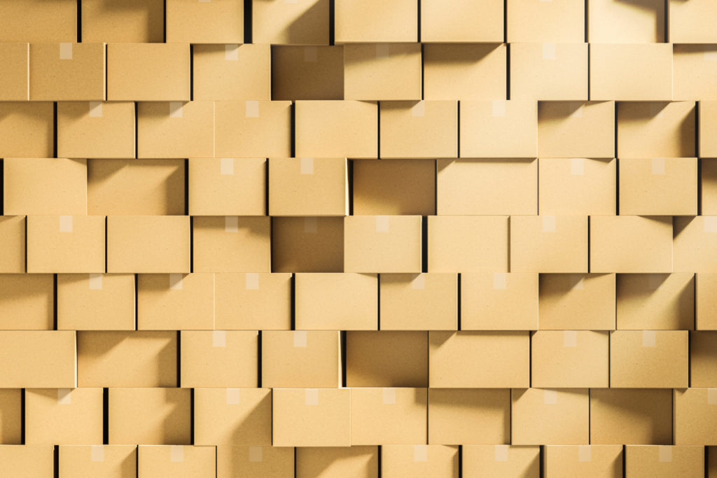 Illustration of cardboard boxes stacked high into a wall