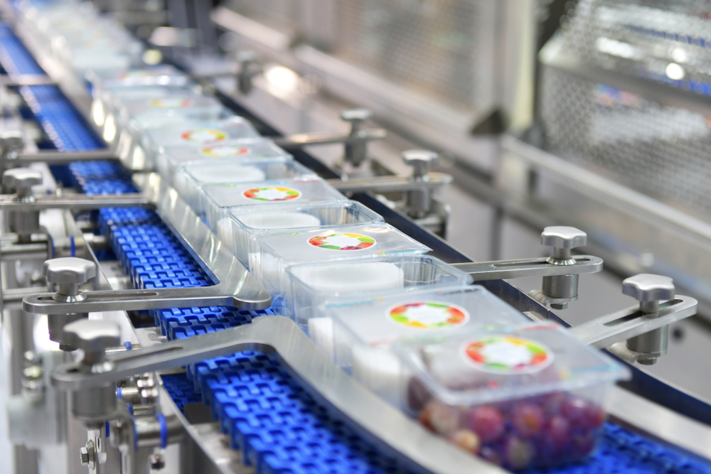 Plastic container of grapes moving on a industrial food packing machine