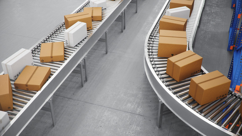 Package delivery automation, cardboard boxes on conveyor belts in a warehouse.