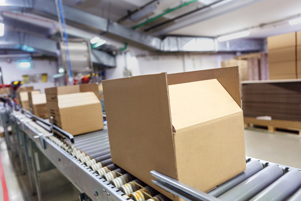 Uniform cardboard boxes on conveyor belt 
