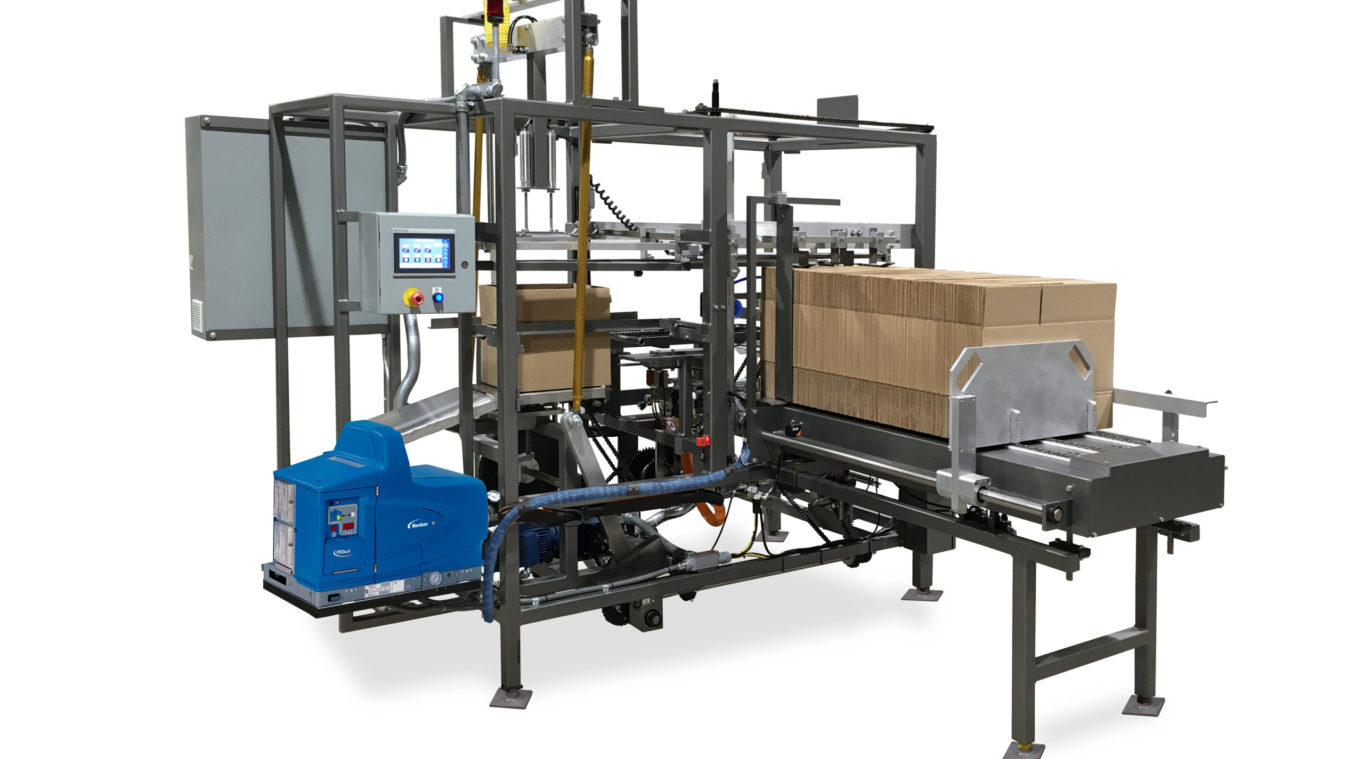 Automated case erector forming corrugated boxes on an end-of-line packaging line. 